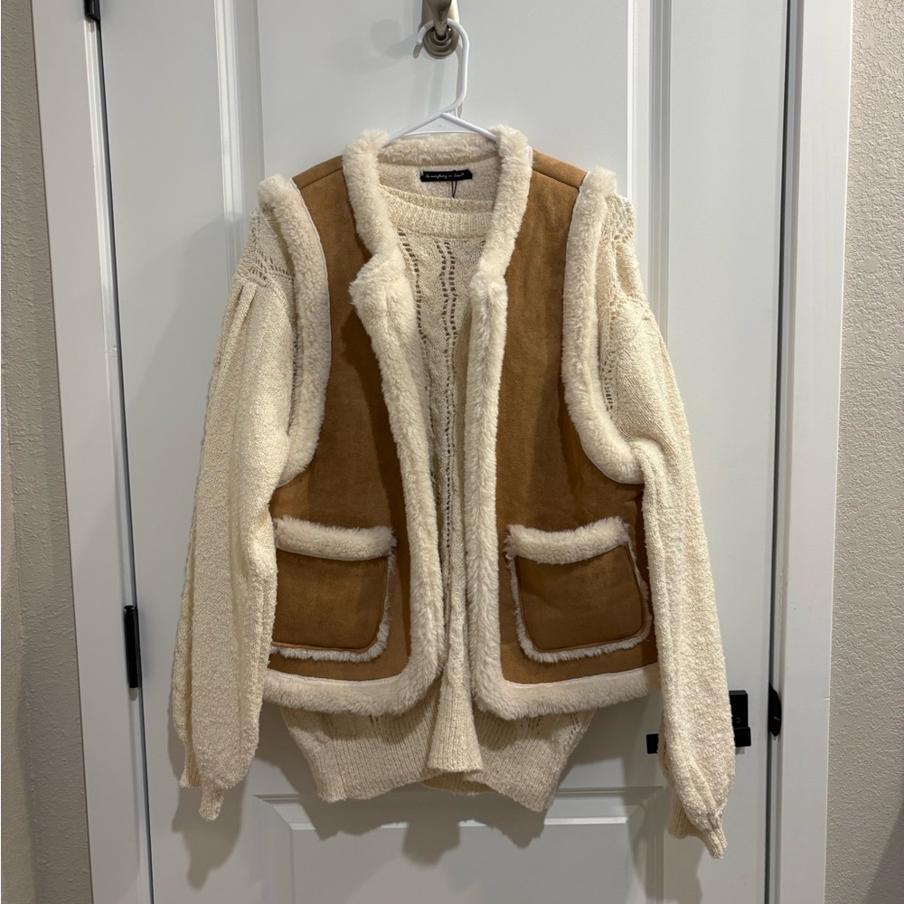 Cream Crewneck Sweater & Shearling-Trim Suede Vest